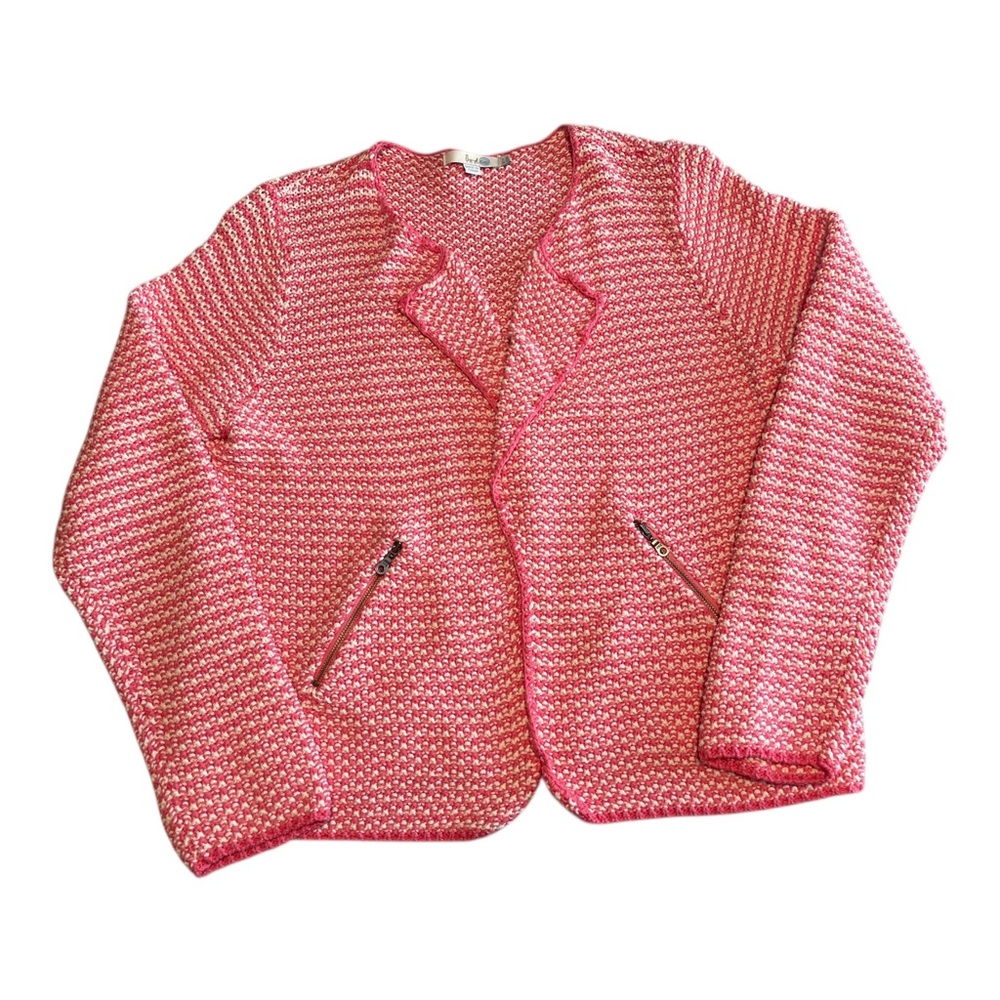 Boden Soho Open Front Knit Jacket Pink White Zippered Pockets Size 14 Barbiecore